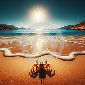 Crab stands alone on a golden sun drenched beach