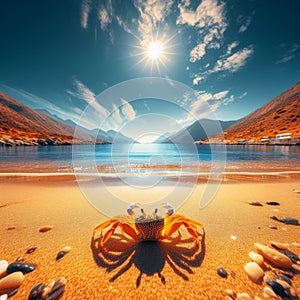 Crab stands alone on a golden sun drenched beach