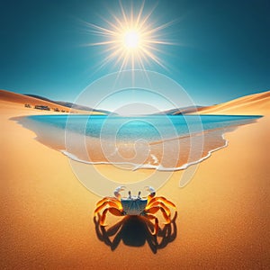 Crab stands alone on a golden sun drenched beach