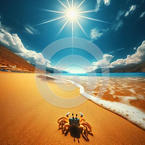 Crab stands alone on a golden sun drenched beach