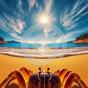 Crab stands alone on a golden sun drenched beach