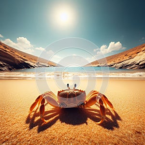 Crab stands alone on a golden sun drenched beach