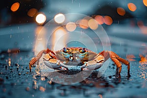 A crab stands in the rain