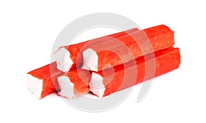 Crab stick isolated on white background. Imitation crab meat. Fish product.