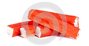 Crab stick isolated on white background. Imitation crab meat. Fish product