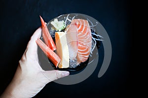 Crab stick or Kanikama , steamed egg and raw fish or salmon sashimi