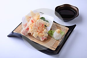 Crab stick Tempura, deep fried sliced squid in japanese dish