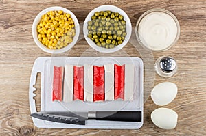 Crab sticks, peeled eggs, sweet corn, green peas, mayonnaise