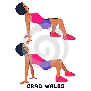 Crab walks. Squat. Sport exersice. Silhouettes of woman doing exercise. Workout, training