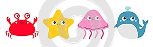 Crab whale Jellyfish Starfish toy icon set line. Big eyes. Yellow star. Cute cartoon kawaii funny baby character. Sea ocean animal