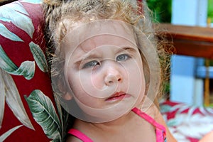 Crabby and Fussy Little Girl on Front Porch