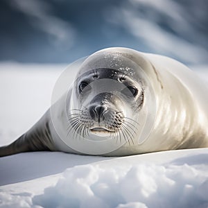 Crabeater seal on a snowy Antarctic shore