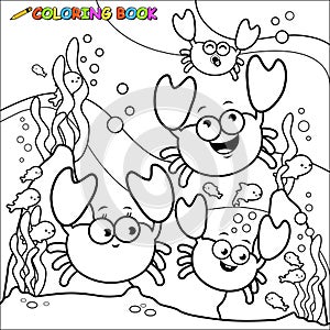 Crabs and fish swimming underwater. Vector black and white coloring page.