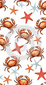 Crabs and Starfish Seamless Pattern on White