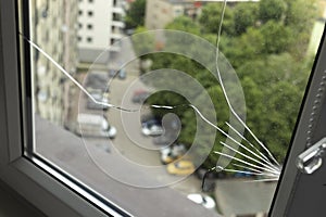 Crack, Broken Glass In A Double-glazed Window Due To Manufacturing Defect In Building