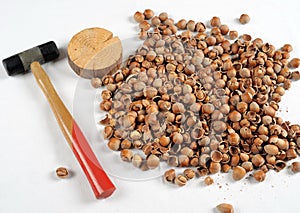 Crack hazelnuts with a hammer on the white table