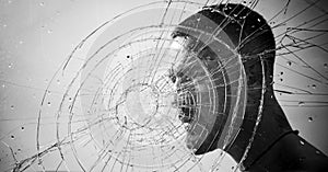 Crack. macho man behind crushed glass. anger. destruction. crush test. theft. emotional discharge. bullet hole in glass