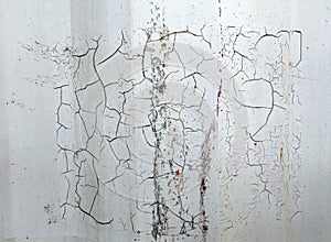 Crack metal background with old layers of white paint. Texture rusted shipping container.