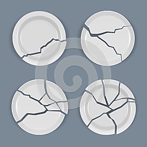 Crack plates. Realistic damaged dishware table wrek kitchen utensil decent vector templates of broken plates top view