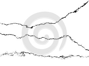 Crack vector set. Grunge urban graphic elements of rough surface. Dust overlay distress grained texture. One color