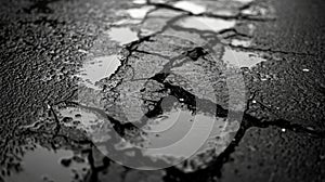 Cracked asphalt surface with water puddles after rain