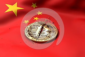 Cracked Bitcoin coin on Chinese flag. Bad Bitcoin condition in China Kong concept. 3D Rendering photo