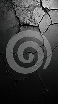 Cracked Black Surface, Abstract Texture with Dark Hues and Dramatic Shadows