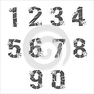 Cracked breaking pieces 3D realistic digits numbers broken isolated on white vector design illustration