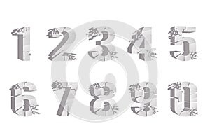 Cracked breaking pieces 3D realistic digits numbers set design vector illustration