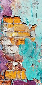 Cracked brick design: aged facade, weathered wall texture, rustic surface marks, worn masonry aesthetics, aged