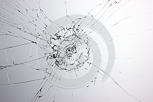 Cracked broken glass from a blow in the window on a light gray background. Cracks concept for design
