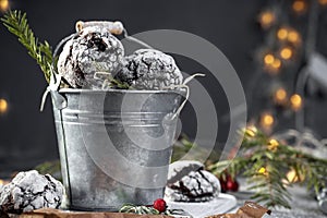 Cracked chocolate chip cookies in powdered sugar. Chocolate Christmas cookies and fir branch on a white wooden table.