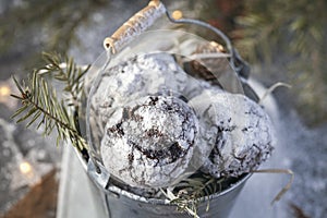 Cracked chocolate chip cookies in powdered sugar. Chocolate Christmas cookies and fir branch on a white wooden table.
