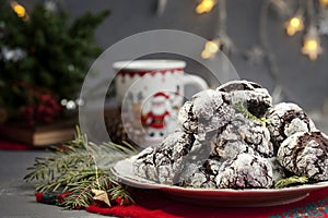 Cracked chocolate chip cookies in powdered sugar. Chocolate Christmas cookies and fir branch on a white wooden table.