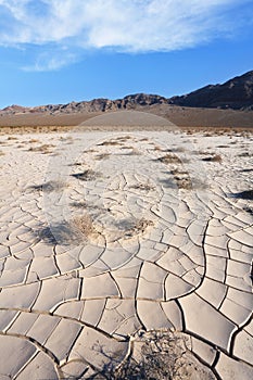 Cracked clay - takyr - surrounds a huge dune