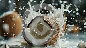 Cracked coconut with water splash