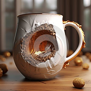Cracked Coffee Mug With Nuts Inside - Hyperrealistic Fantasy Craftcore photo
