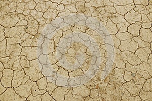 The cracked, dried earth is yellow. A desert without water. Arid ground. Thirst for moisture on a lifeless space. Ecological situa photo