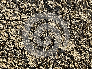 Cracked dry ground mud, dried under sun road close up