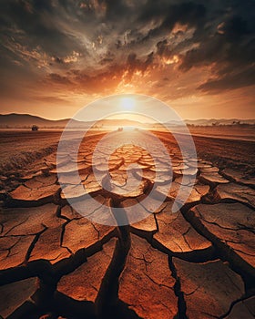 Cracked earth arid burned soil desert, climate change global warming, rusty tractor, bones, drought,