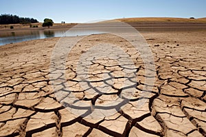 Cracked earth with dried up lake in background. Global warming and water scarcity concept