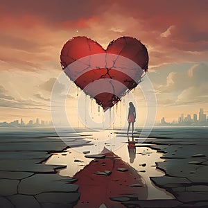 Cracked earth, silhouette of a woman standing in front of a large heart in the distance outlines of skyscrapers. Heart as a
