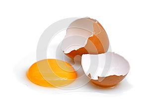 Cracked egg with egg shell, egg yolk and egg white