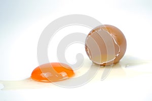 Cracked egg, eggshell with yolk isolated on white background