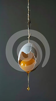 Cracked egg hanging on a string with yolk dripping