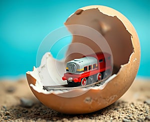 Cracked egg with a miniature train track and toy train inside