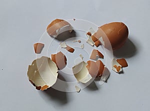 Cracked egg shell  on white background, abstract background for healthy food, design and more.
