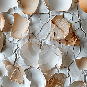 Cracked egg shells scattered surface creating artistic pattern. Close-up view broken egg shells various cracks and textures