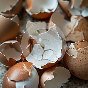 Cracked egg shells scattered surface creating artistic pattern. Close-up view broken egg shells various cracks and textures