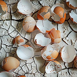 Cracked egg shells scattered surface creating artistic pattern. Close-up view broken egg shells various cracks and textures